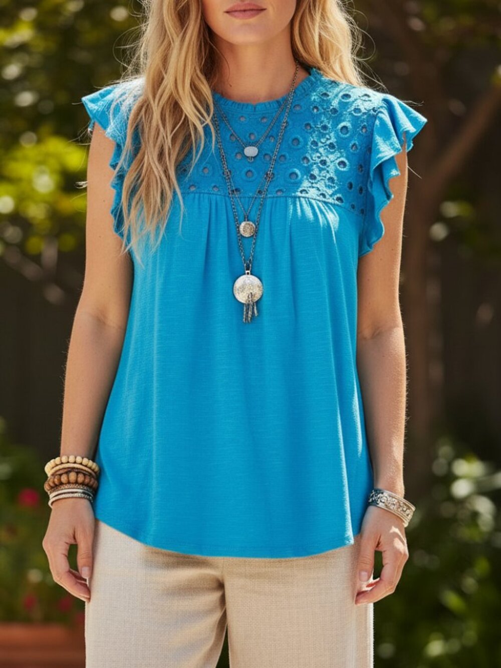 Loft S Women's Blue Eyelet Embroidered Tie Back Flutter Top Boho Chic‎ Coastal